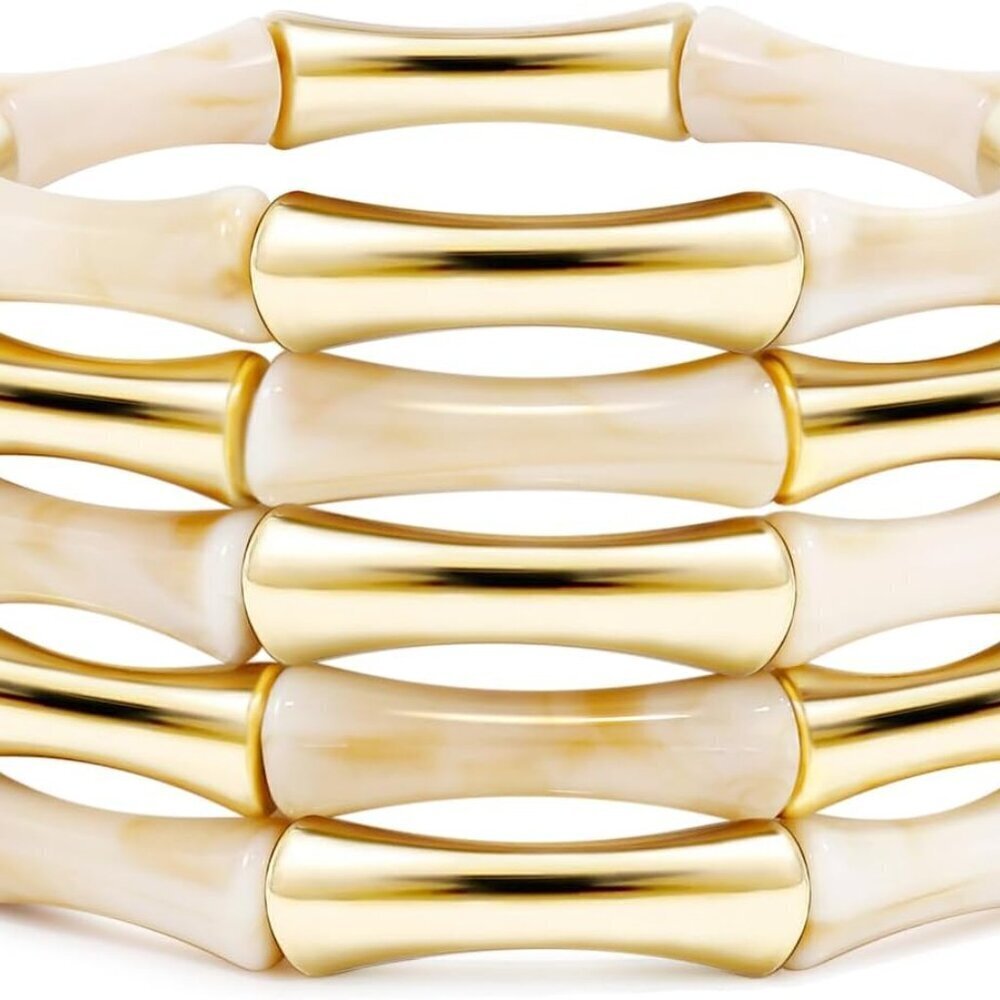 Gold Tube Acrylic Bead Bracelets for Women Stackable Summer Beach Jewelry